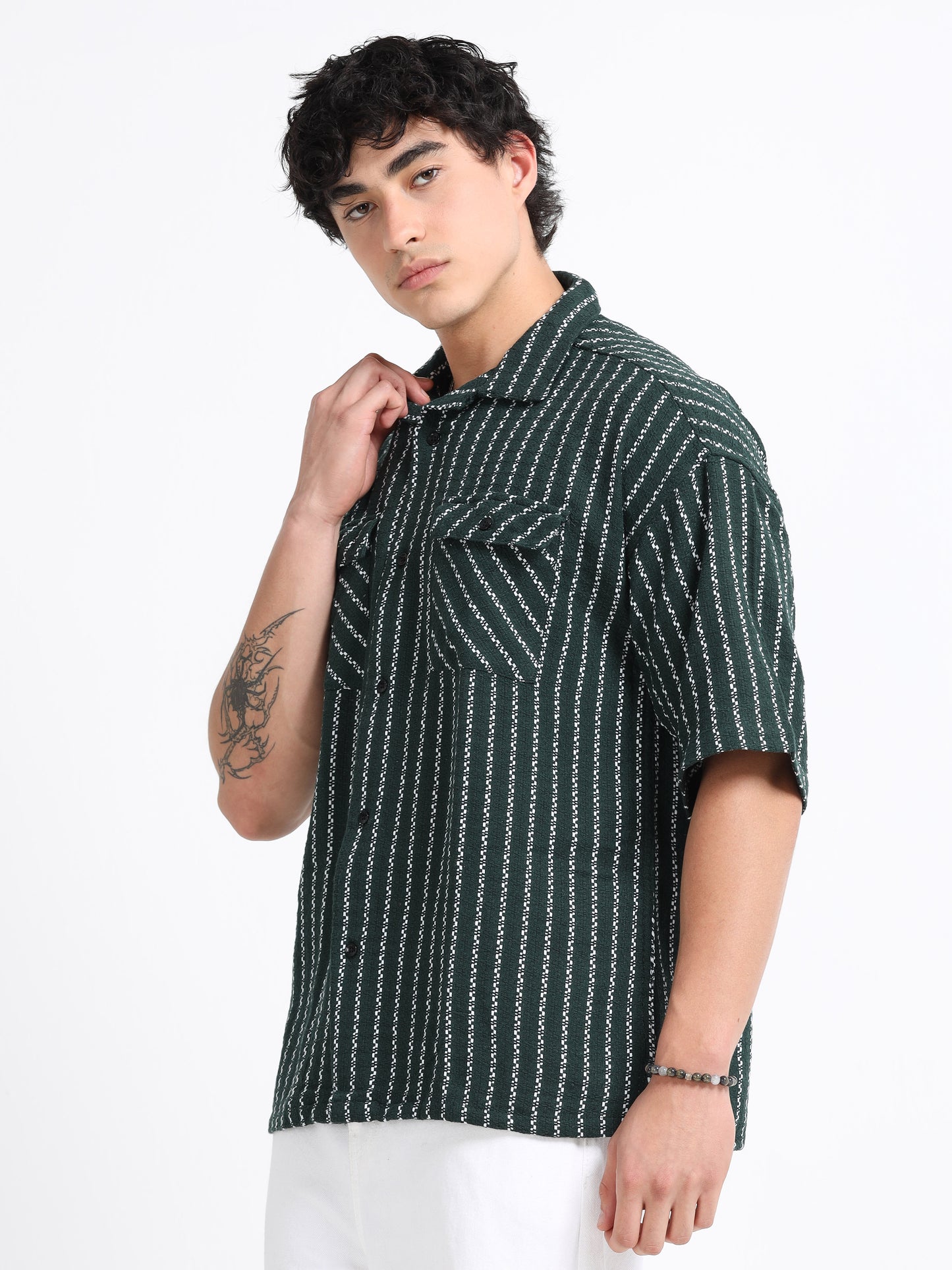 Drop Shoulder stripes dark green Shirt