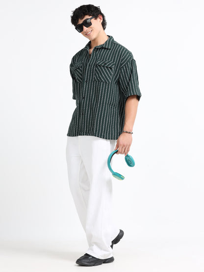 Drop Shoulder stripes dark green Shirt