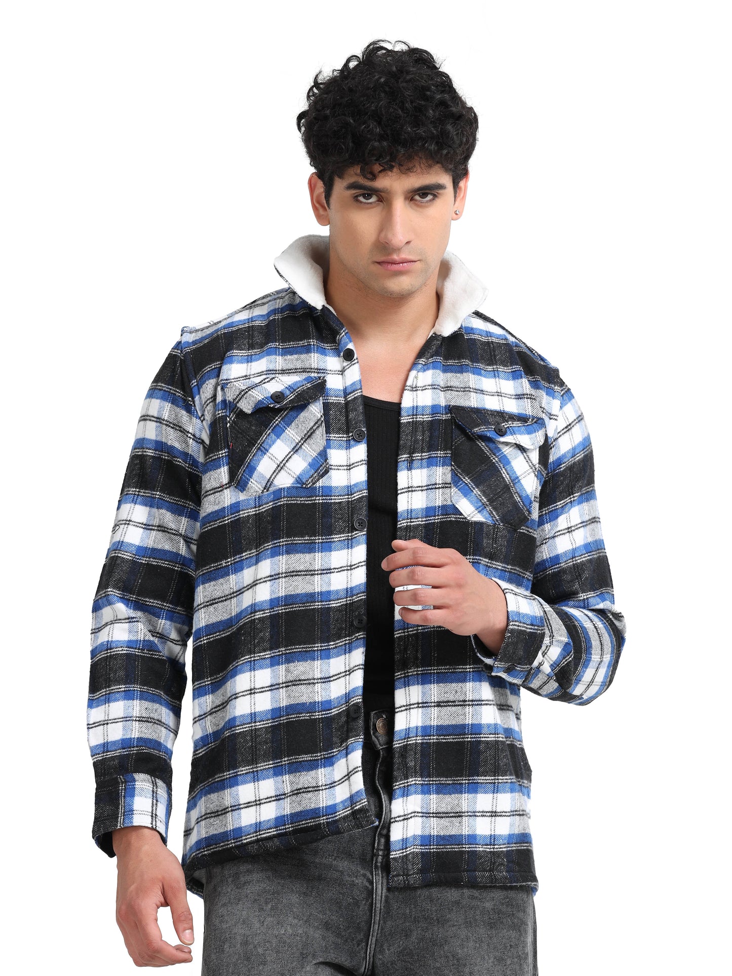 Twill Brushed Checks Full collared blue Shirt