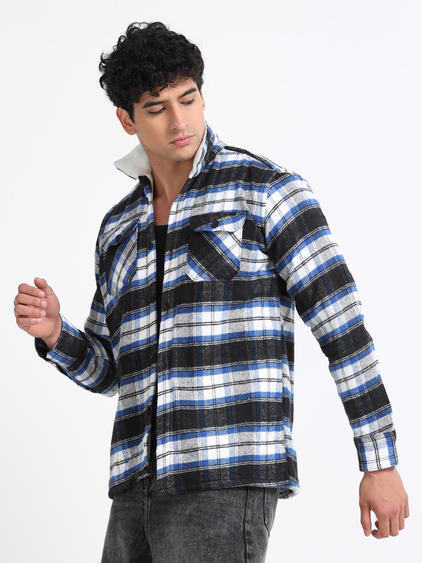 Twill Brushed Checks Full collared blue Shirt