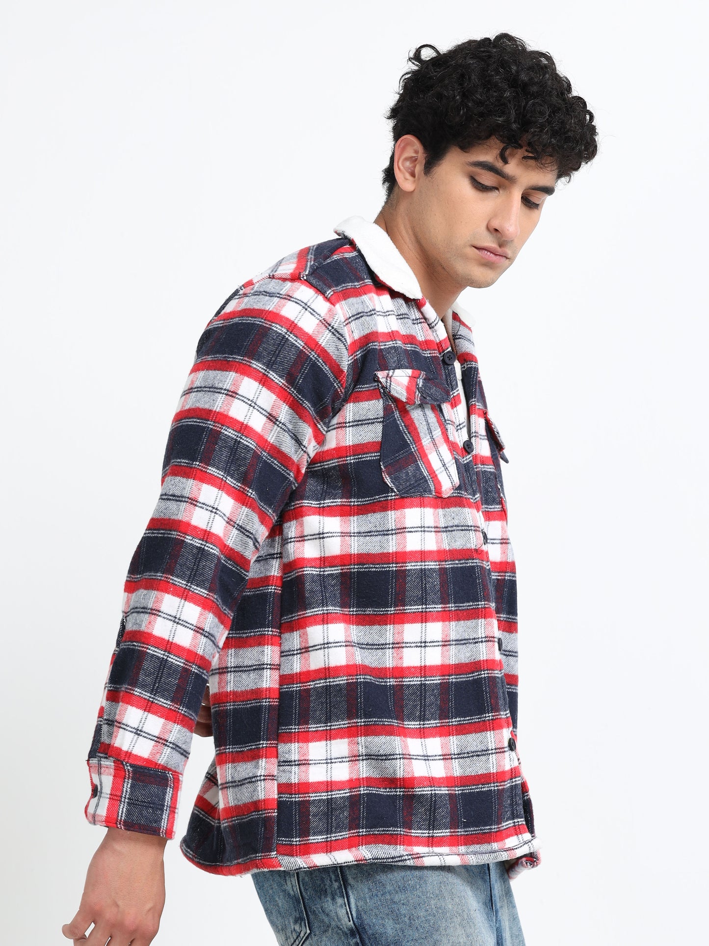 Twill Brushed Checks Full collared red Shirt