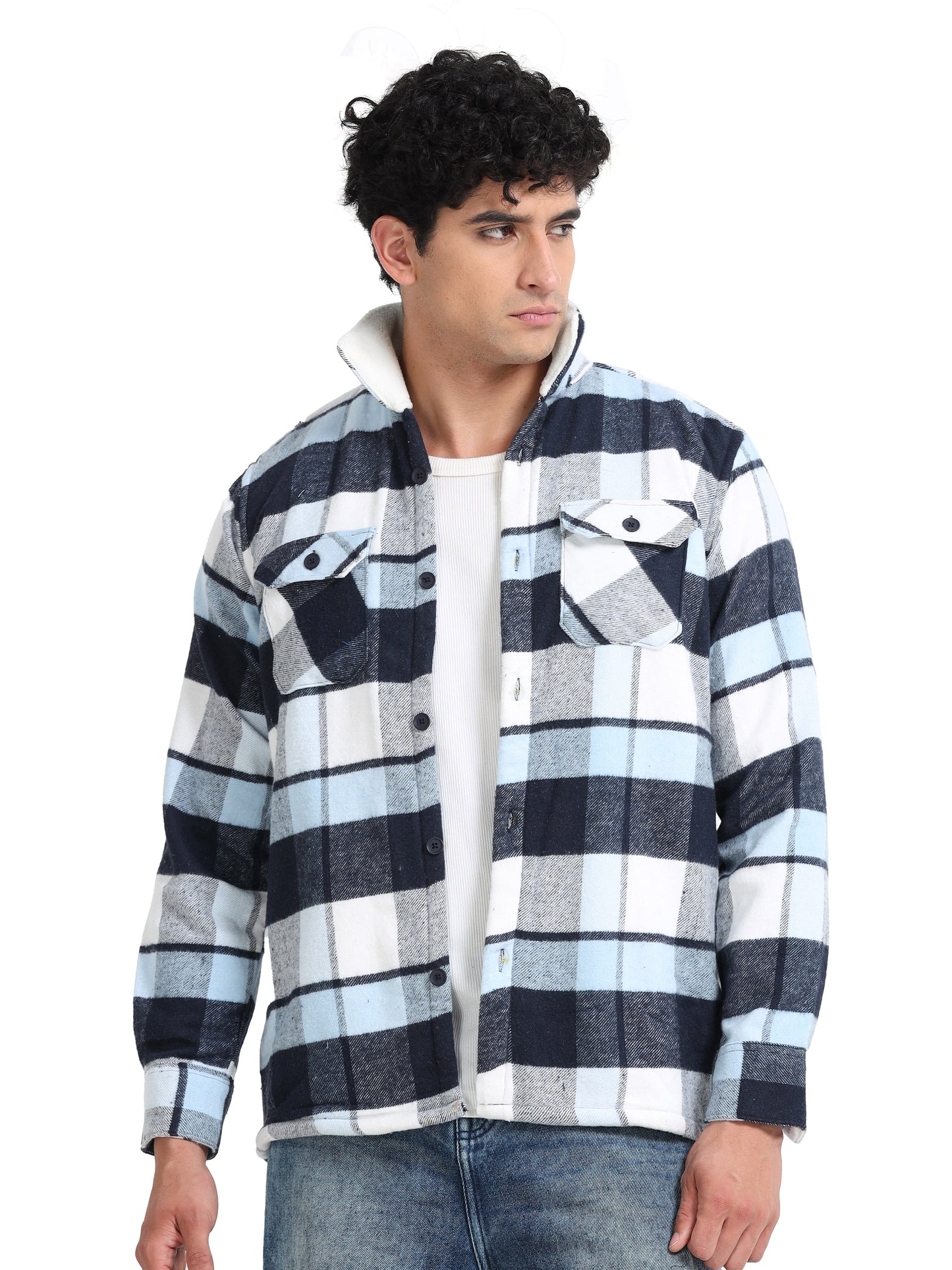 Twill Brushed Checks Full collared light blue Shirt