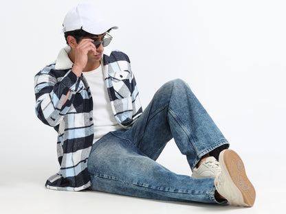 Twill Brushed Checks Full collared light blue Shirt