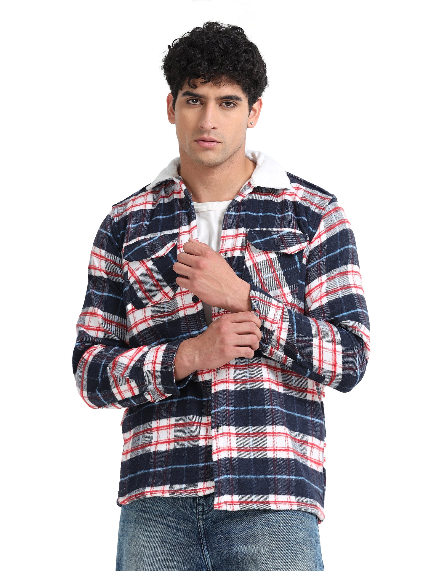 Twill Brushed Checks Full collared red Shirt