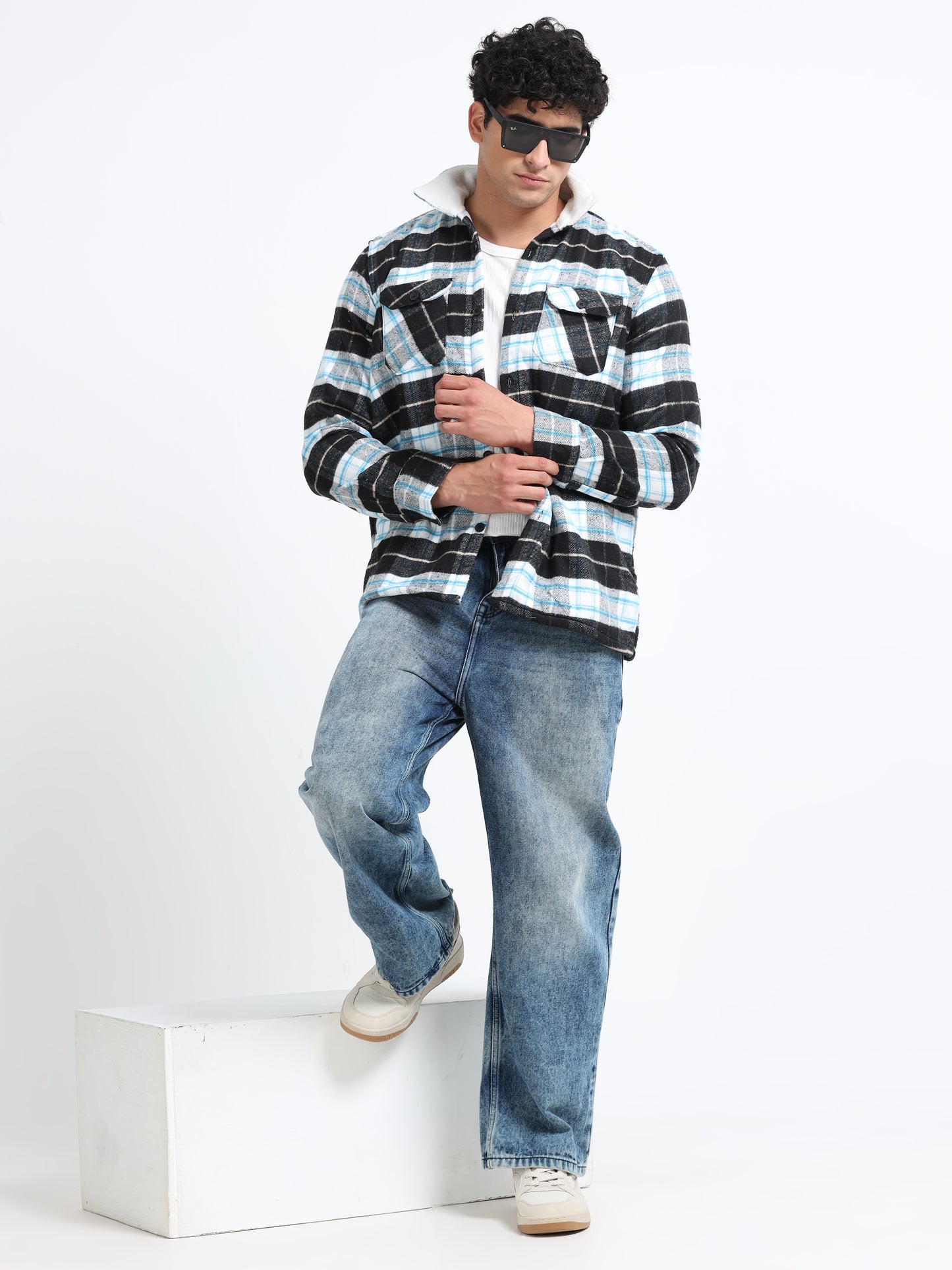 Twill Brushed Checks Full collared white Shirt