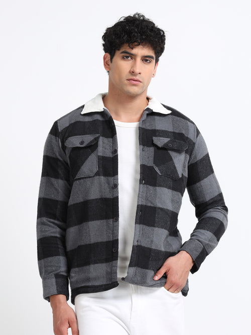 Twill Brushed Checks Full collared grey Shirt