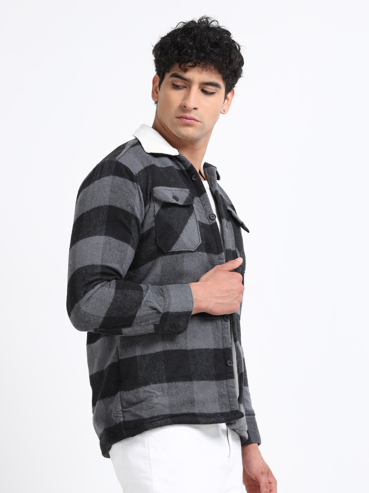 Twill Brushed Checks Full collared grey Shirt