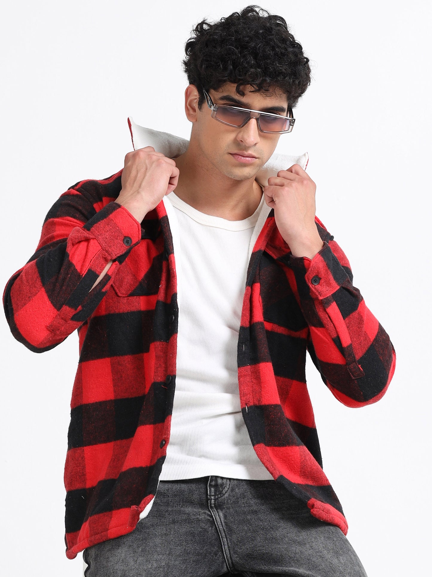 Twill Brushed Checks Full collared red Shirt