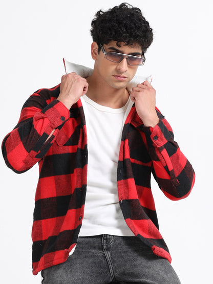 Twill Brushed Checks Full collared red Shirt