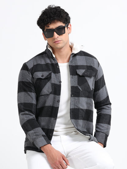 Twill Brushed Checks Full collared grey Shirt