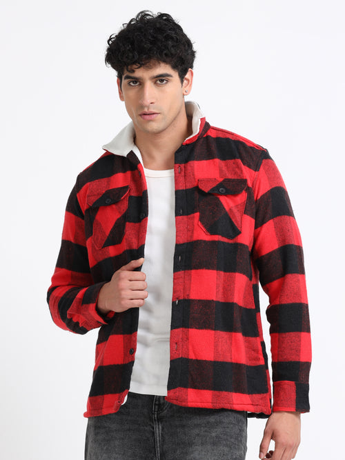 Twill Brushed Checks Full collared red Shirt