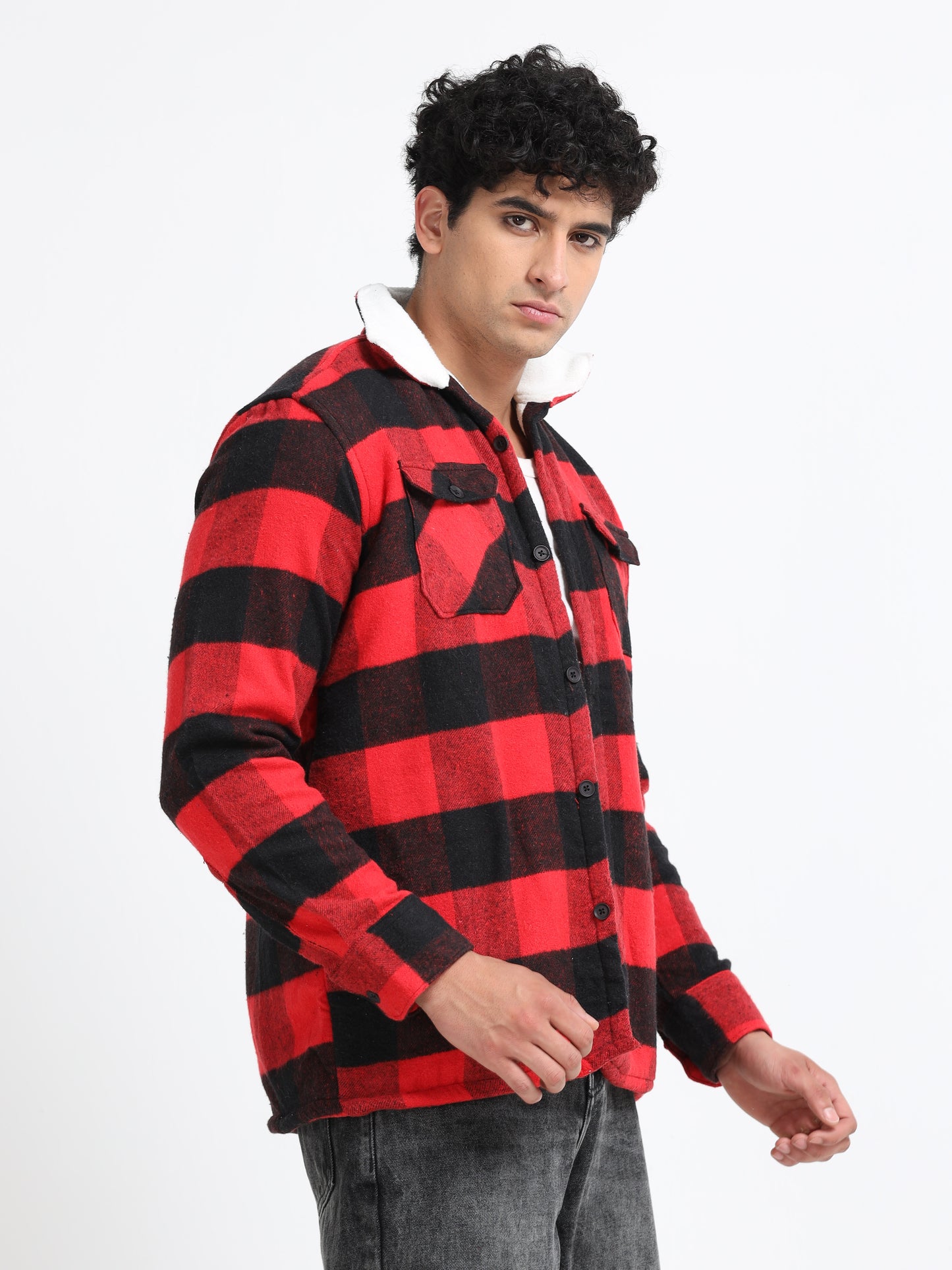 Twill Brushed Checks Full collared red Shirt