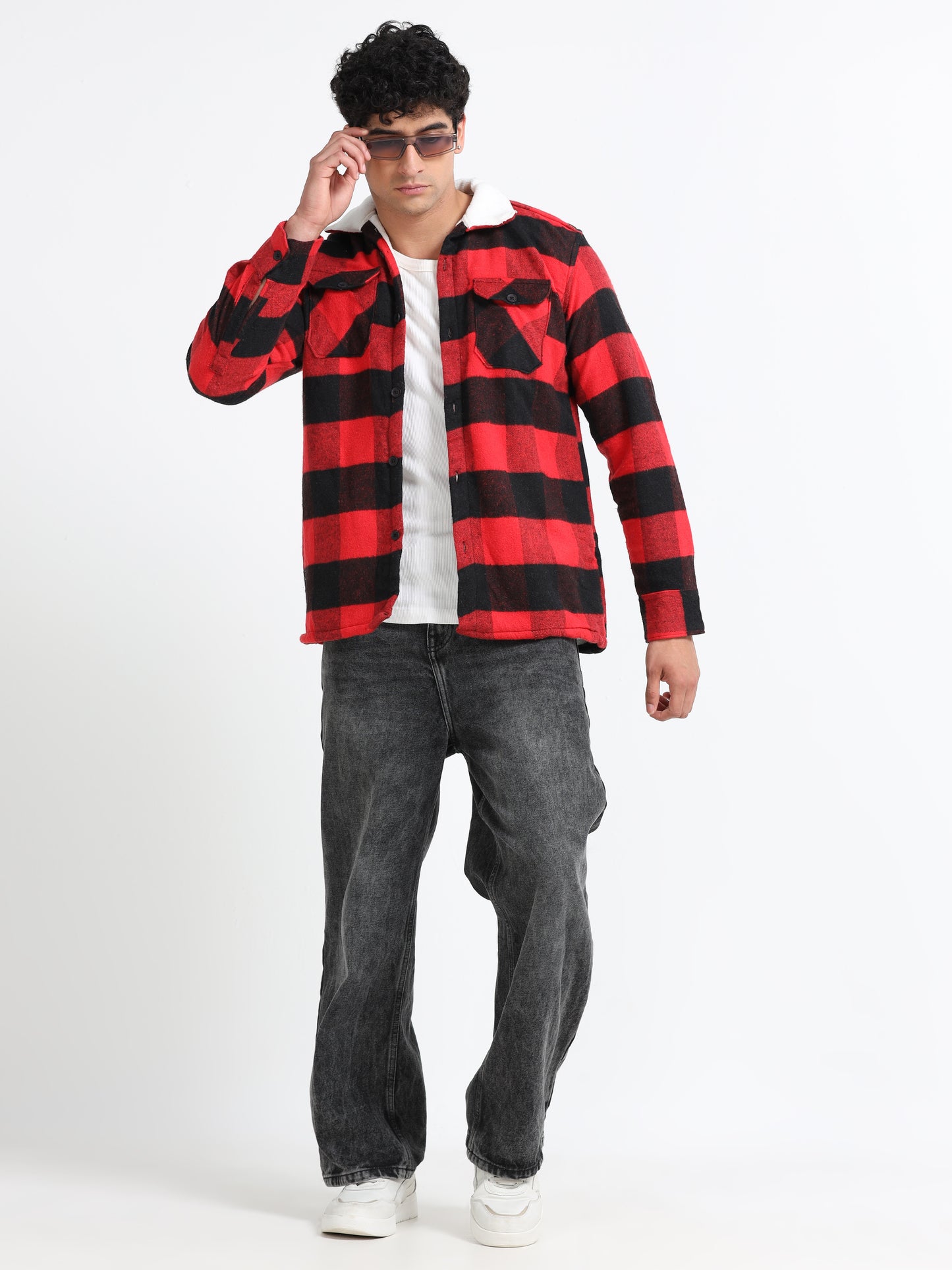 Twill Brushed Checks Full collared red Shirt